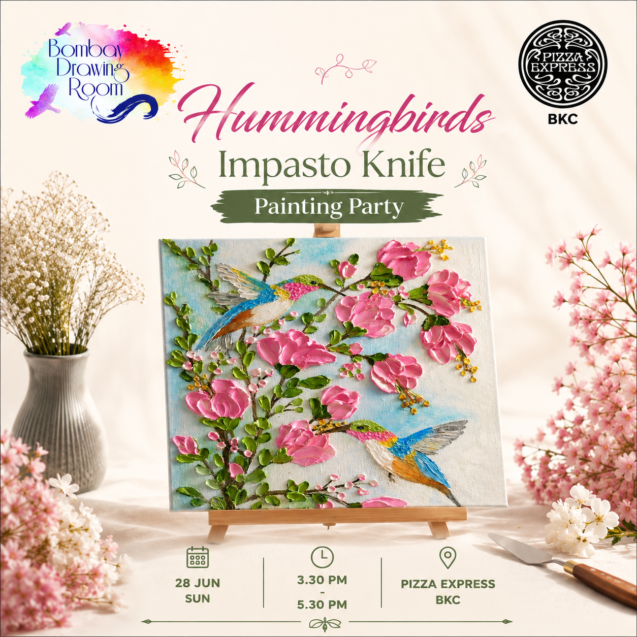 Hummingbirds Impasto Texture Knife Painting Workshop, BKC 28 June